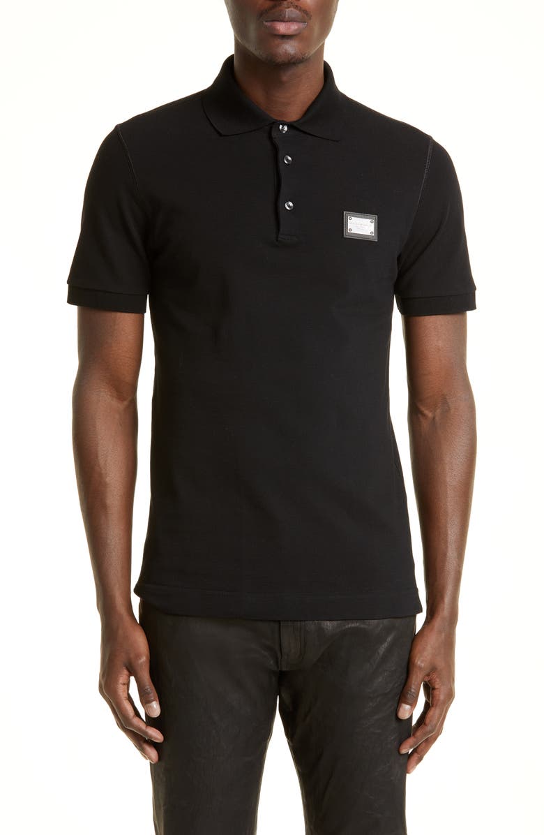 Dolce&Gabbana Logo Plate Cotton Piqué Polo, Main, color, Black