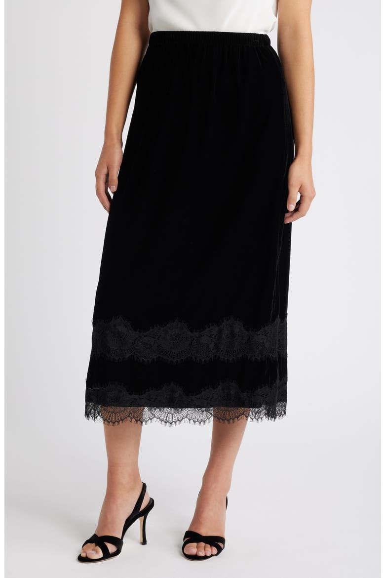 Gracie Lace Detail Velvet Midi Skirt, Main, color, BLACK VELVET