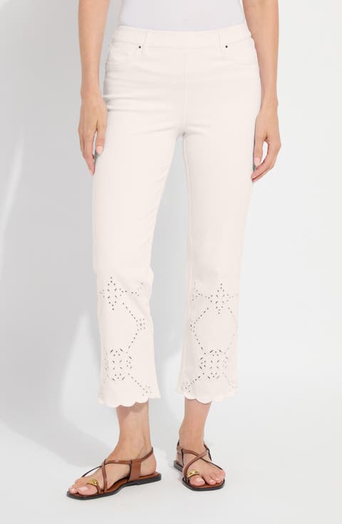 Billie Eyelet Pull-On High Waist Crop Straight Leg Jeans