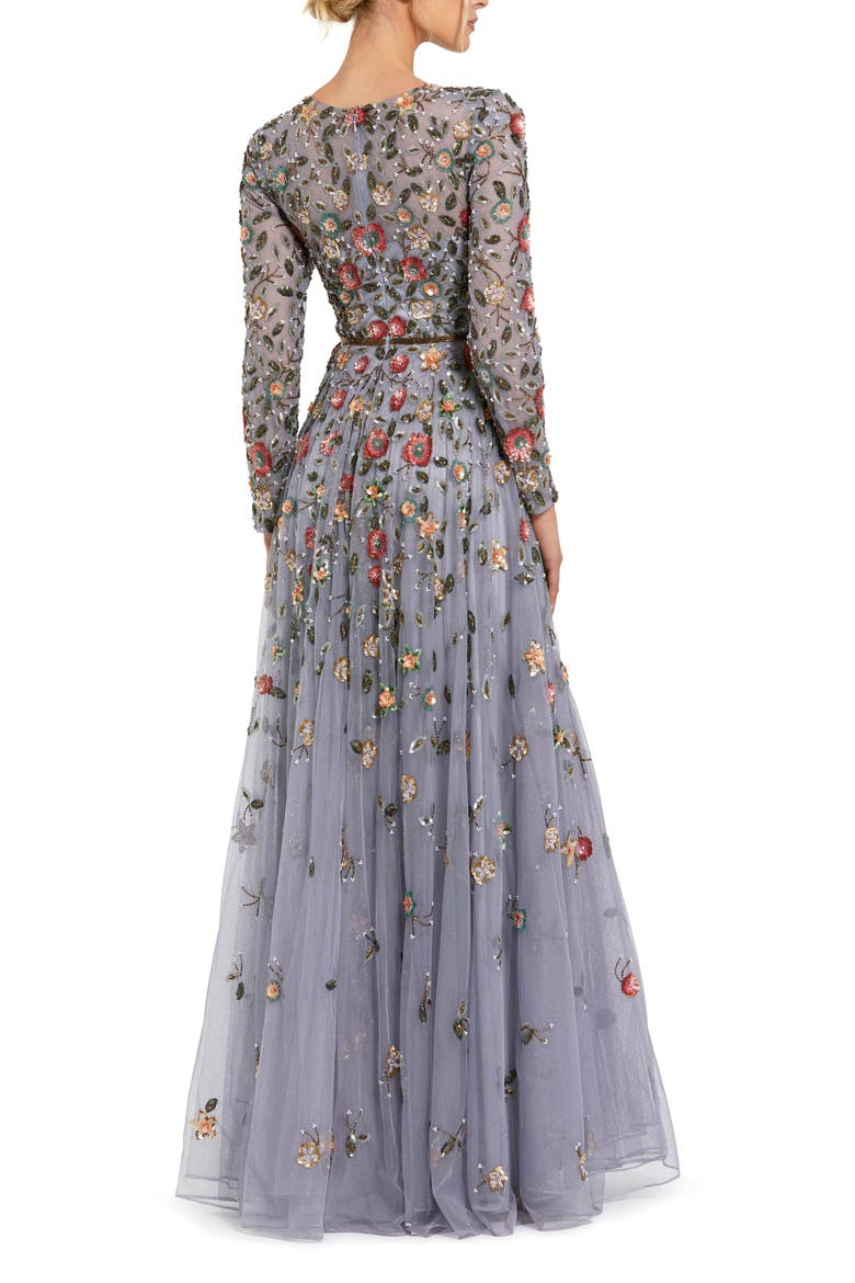 Women's Embellished High Neck Long Sleeve A Line Gown, Alternate, color, Grey Multi