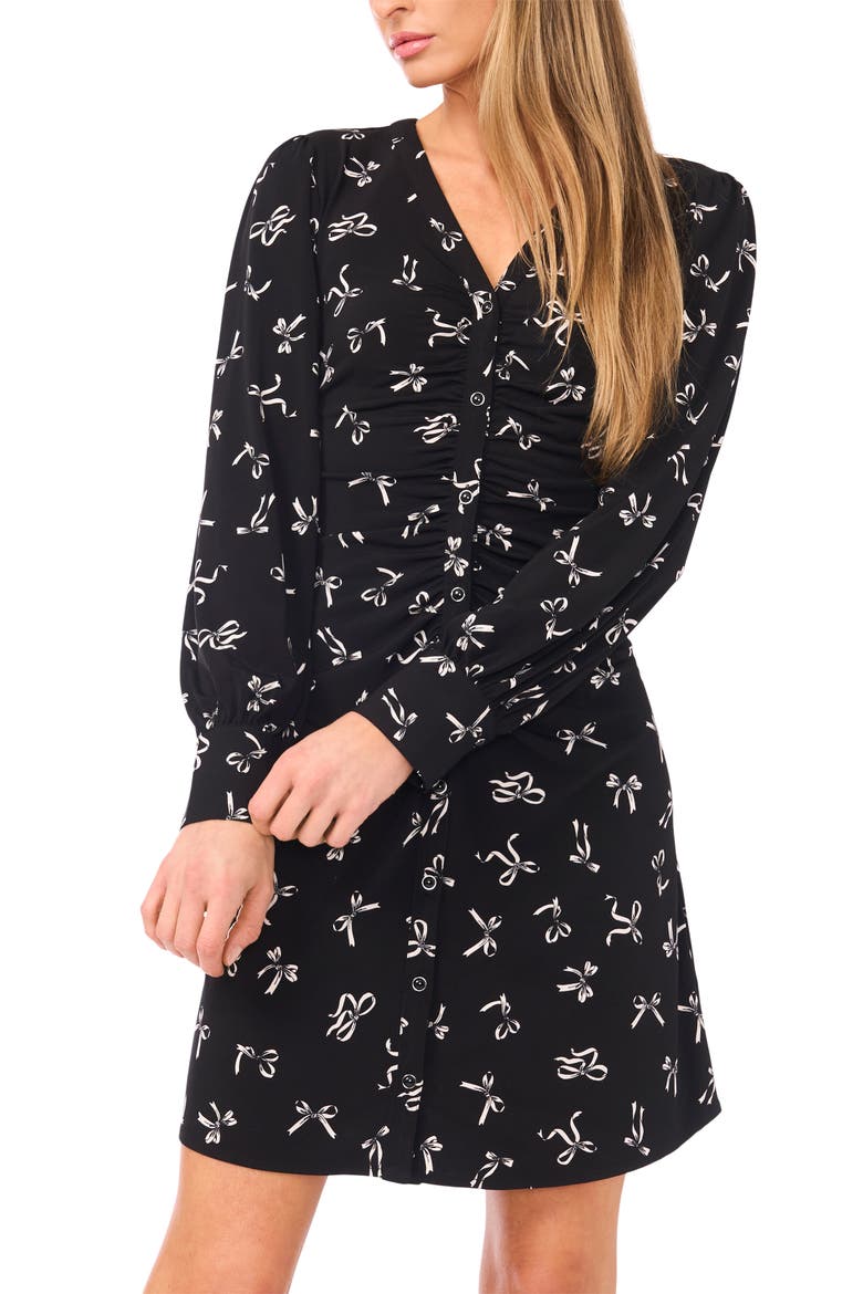Shirred Print Long Sleeve Button-Up Dress, Alternate, color, RICH BLACK