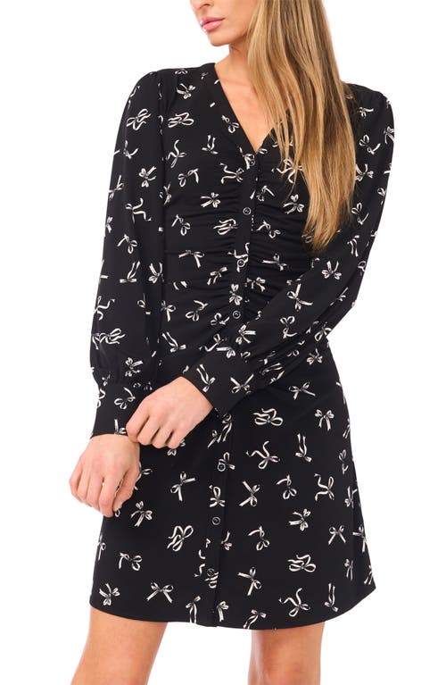 Cece Shirred Print Long Sleeve Button-up Dress In Blue