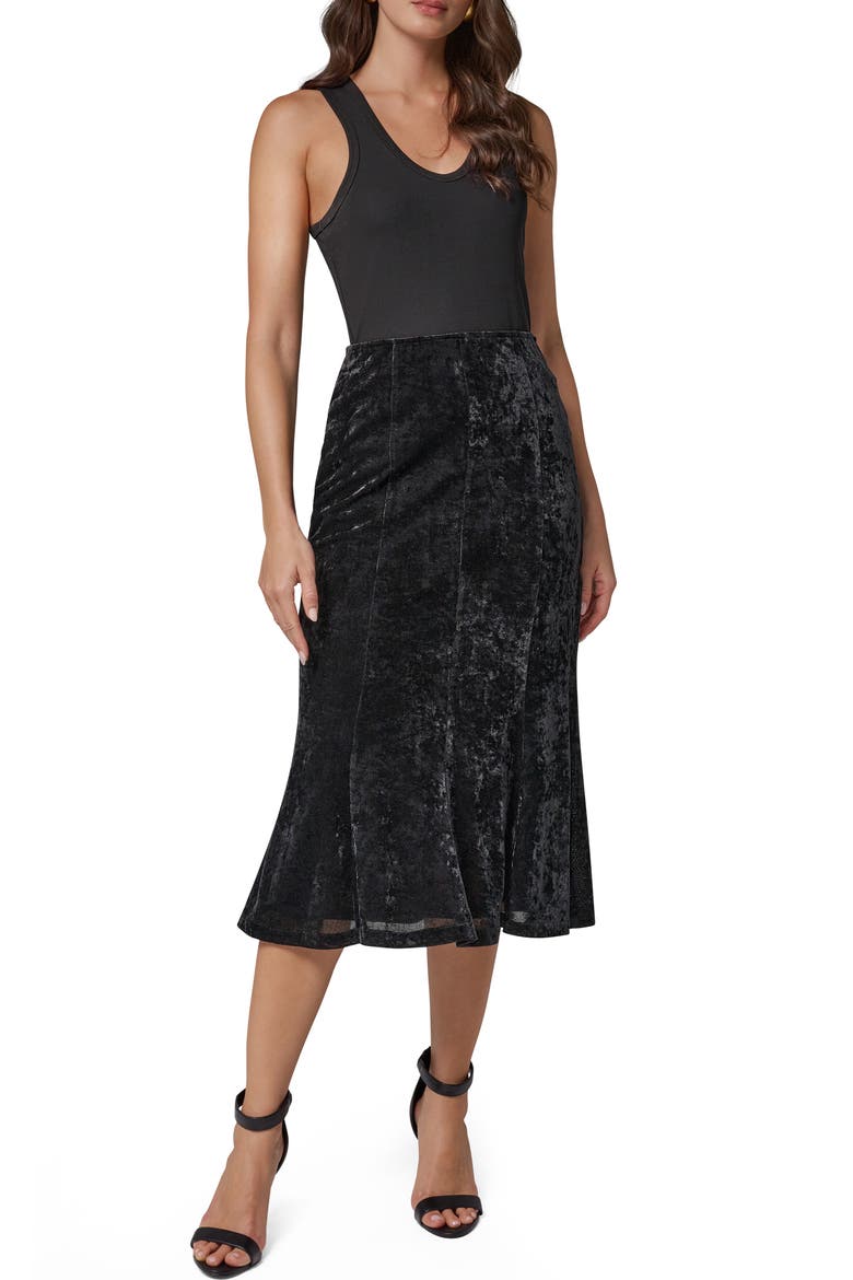 Stretch Velvet Midi Skirt, Alternate, color, BLACK