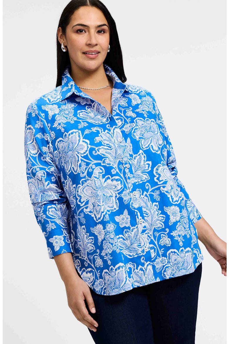 Meghan Floral Print Cotton Button-Up Shirt, Alternate, color, COBALT BLUE/ WHITE