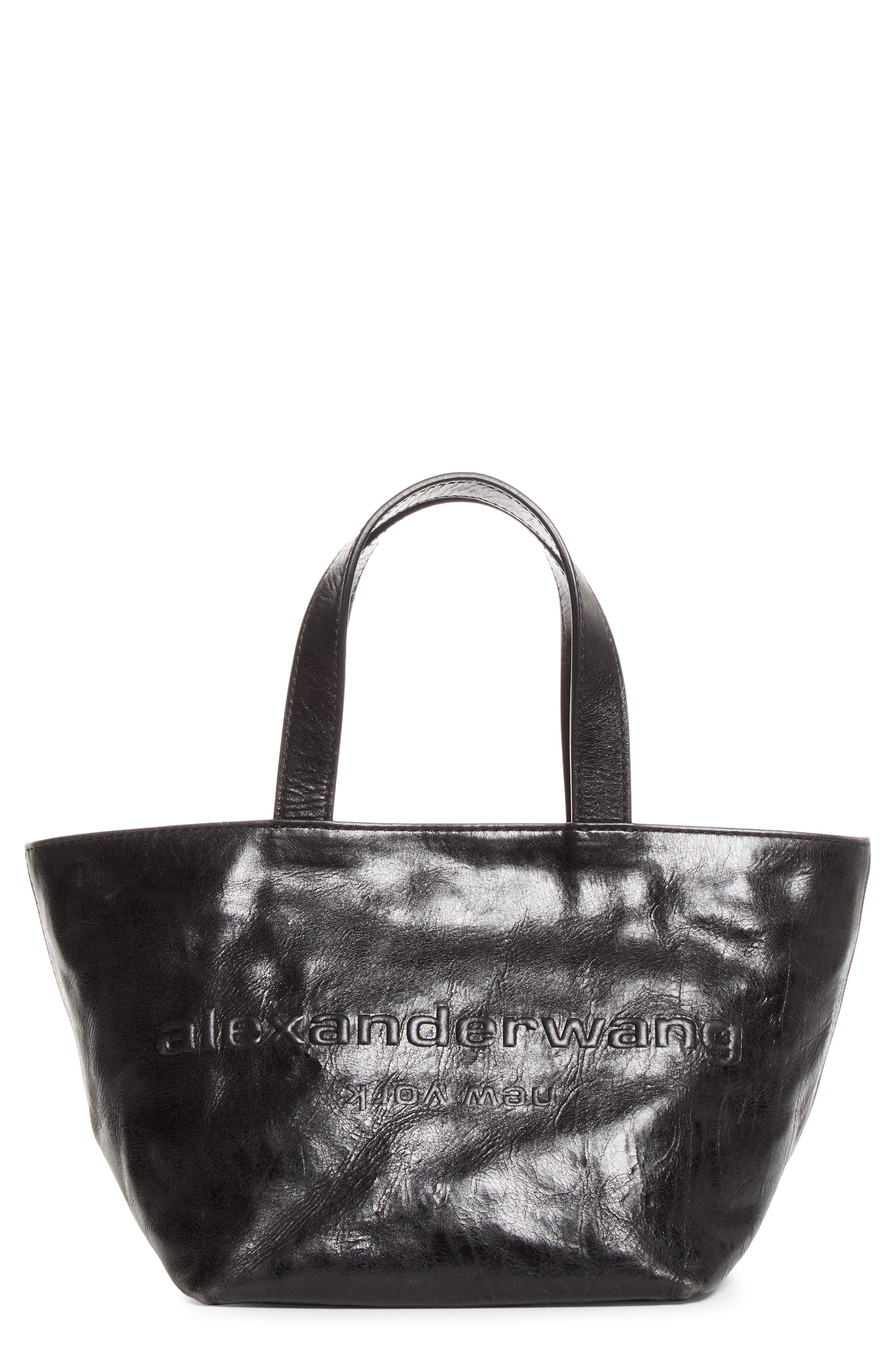 Small Punch Logo Crinkled Leather Tote, Main, color, BLACK