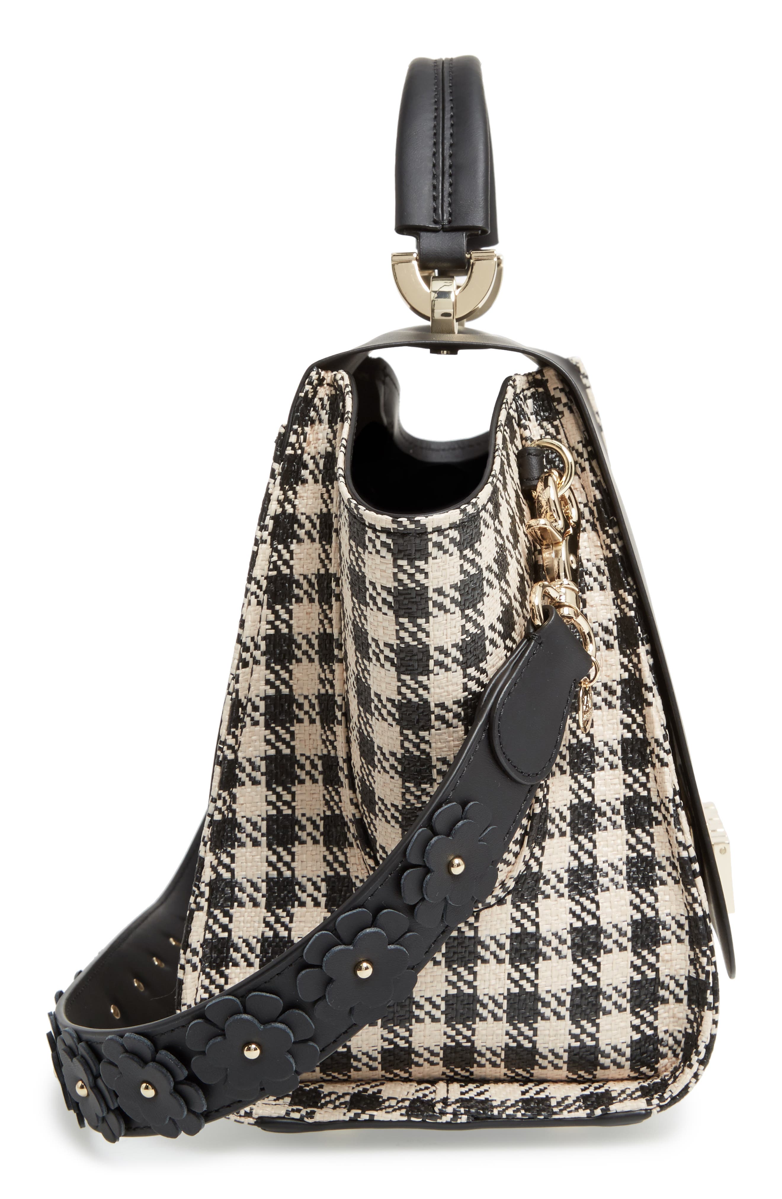 Eartha Gingham Straw Top Handle Satchel with Flower Guitar Strap, Alternate, color, BLACK GINGHAM