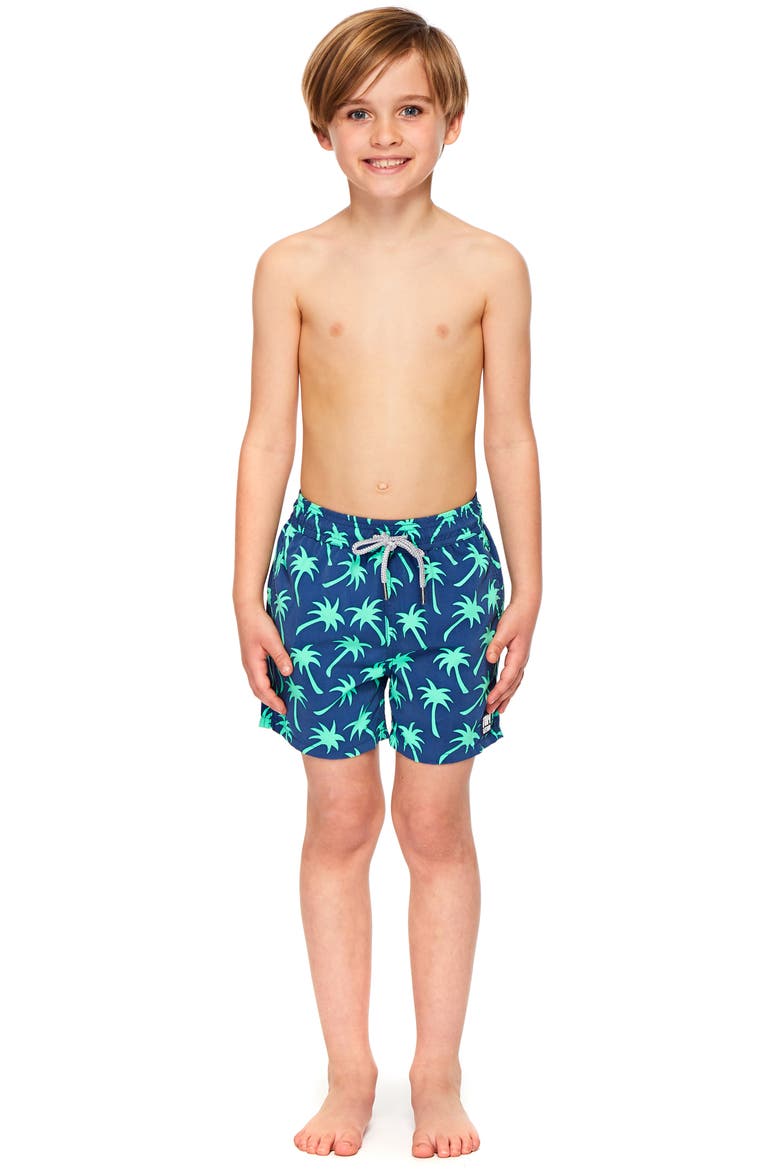 Palm Print Swim Trunks, Alternate, color, NAVY/ SPRING GREEN