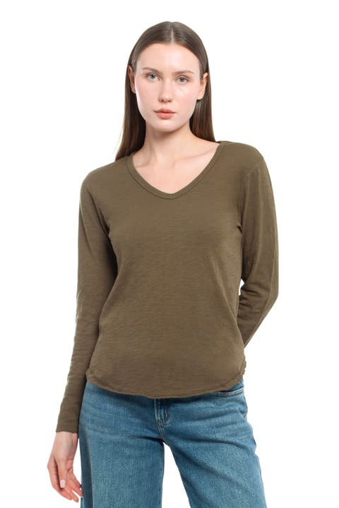 Long Sleeve V-Neck With Raw Hem Shirttail