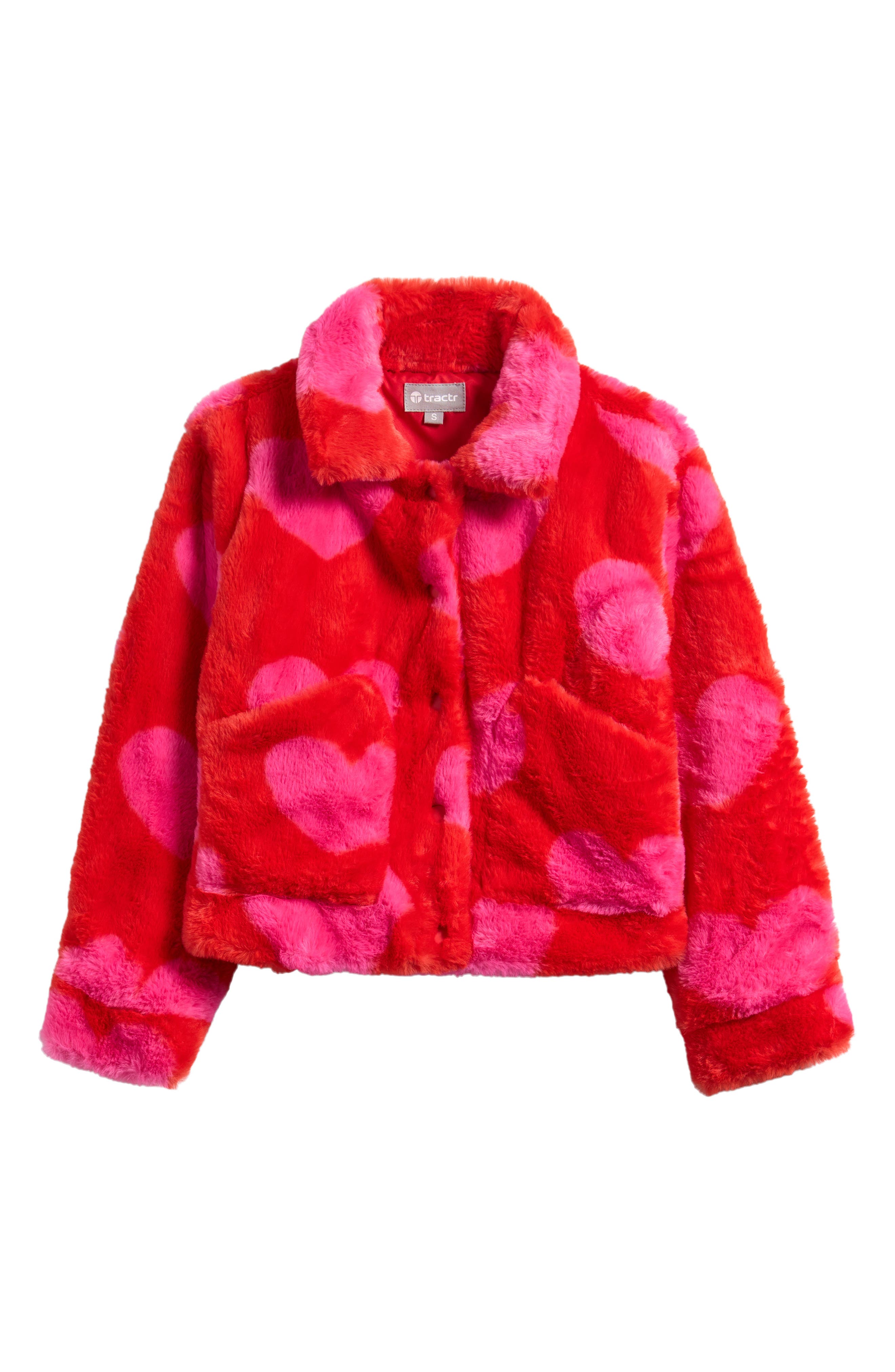 Tractr Kids' Heart Print Faux Fur Jacket