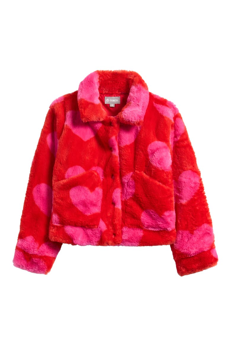 Kids' Heart Print Faux Fur Jacket, Main, color, RED/ PINK