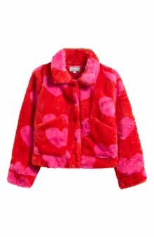 Tractr Kids' Heart Print Faux Fur Jacket
