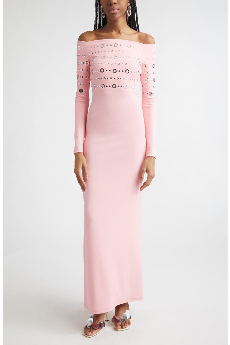Embellished Off the Shoulder Long Sleeve Jersey Dress, Main, color, FLUO PINK