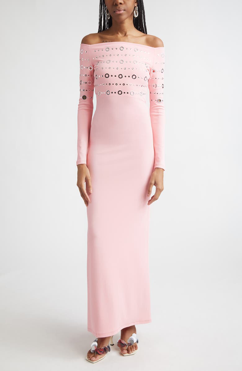 Rabanne Embellished Off the Shoulder Long Sleeve Jersey Dress, Main, color, Fluo Pink