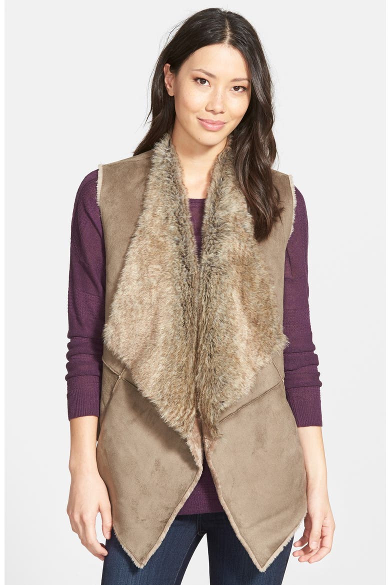 'Spade' Drape Front Faux Shearling Vest, Main, color, WASHED OLIVE