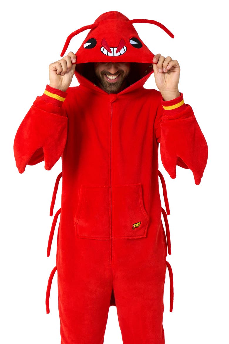 Lobster Hooded Fleece Costume Jumpsuit, Alternate, color, RED