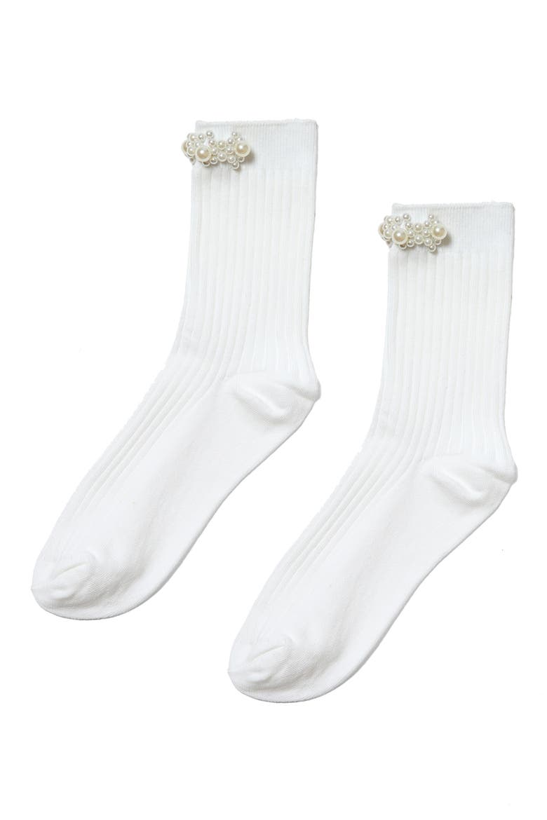 Faux Pearl Cluster Rib Crew Socks, Main, color, WHITE