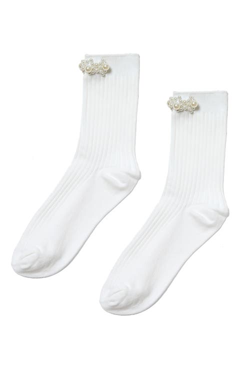 Faux Pearl Cluster Rib Crew Socks