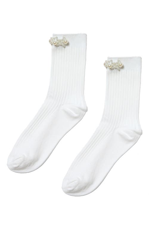 Stems Faux Pearl Cluster Rib Crew Socks In White