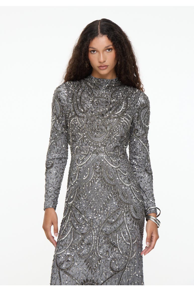 Modest Embellished Sequin Beaded Dress Maxi With Cowl Neck, Alternate, color, CHARCOAL
