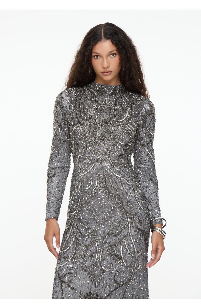 MARYISA Modest Embellished Sequin Beaded Dress Maxi With Cowl Neck, Alternate, color, Charcoal