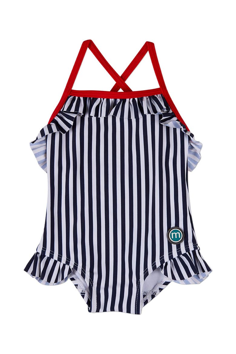 Nautical Striped Ruffle Racerback Swimsuit, Alternate, color, Navy