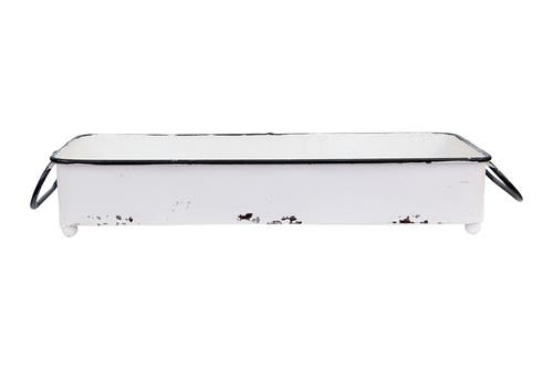 Storied Home Decorative Metal Tray With 2 Handles And Distressed Finish, White And Black In White
