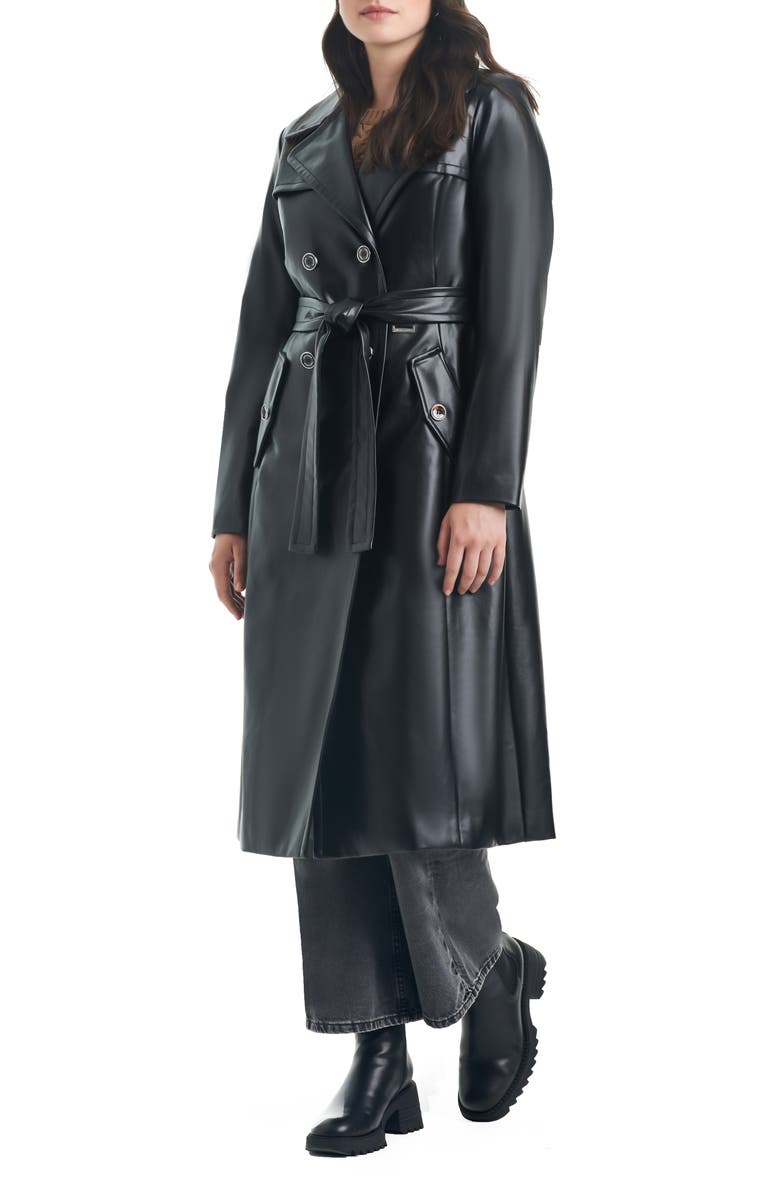 Vince Camuto Faux Leather Trench Coat with Removable Faux Fur Collar, Alternate, color, 