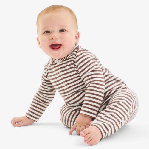 Primary Baby Long Sleeve Polo Romper In Mini Stripe In Brown
