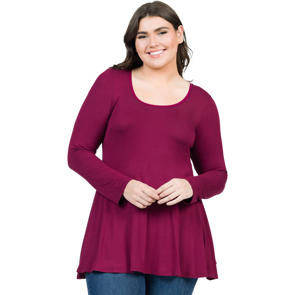 24seven Comfort Apparel Poised Long Sleeve Swing Tunic Top In Burgundy