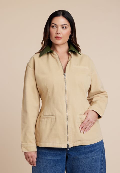 Nipped Waist Barn Jacket With Faux Leather Collar (Plus)