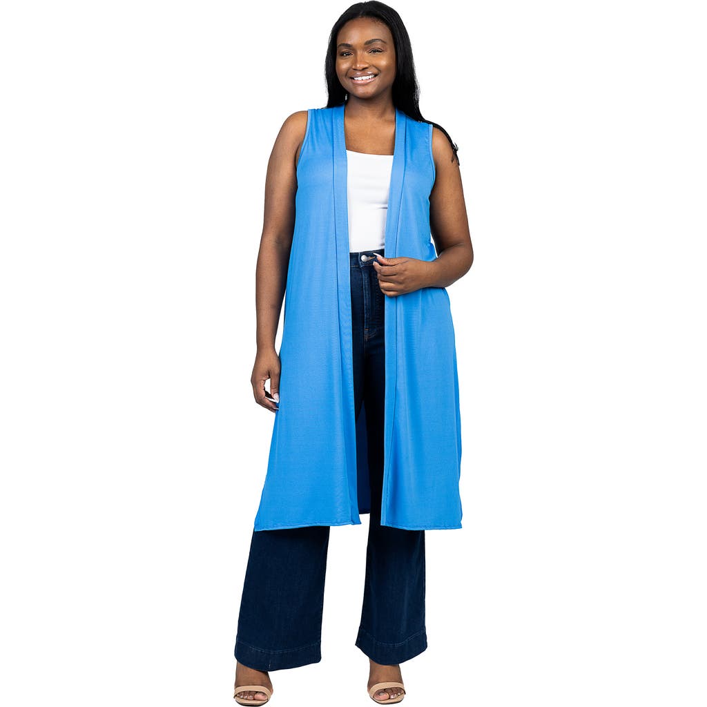 24seven Comfort Apparel Long Sleeveless Cardigan Vest In Blue