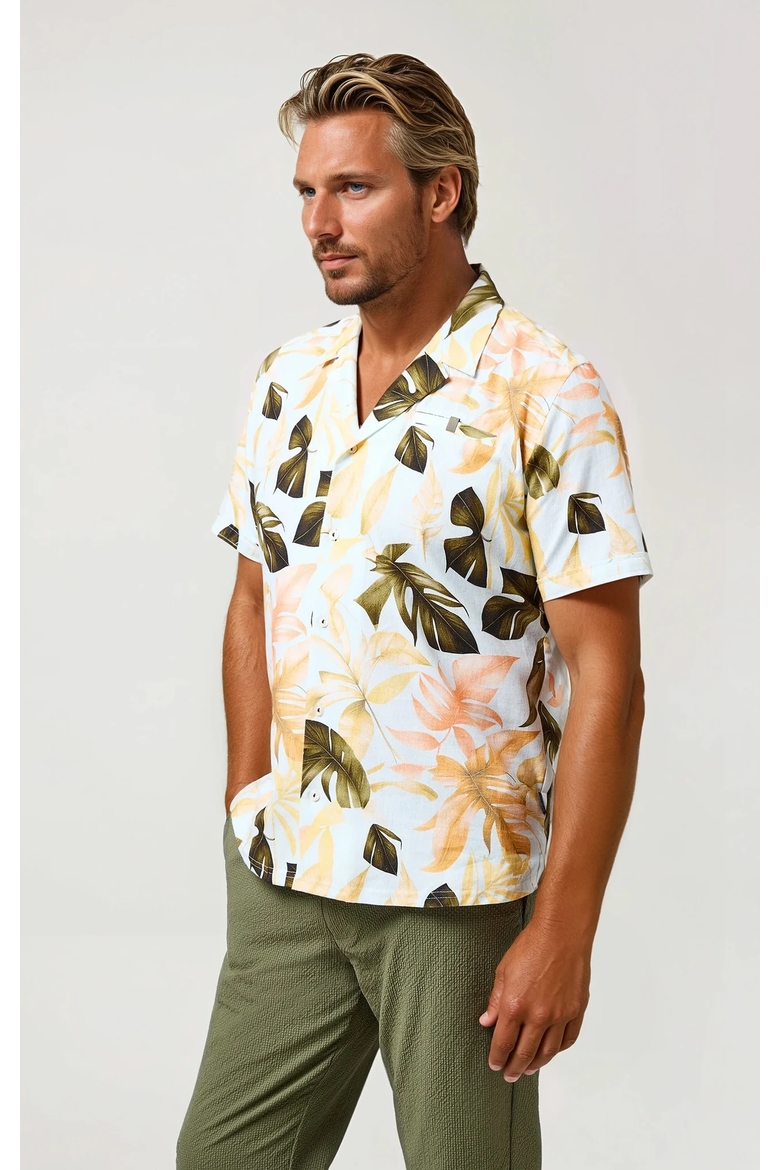 Linen Big Floral SS Resort Shirt, Main, color, Medium Green