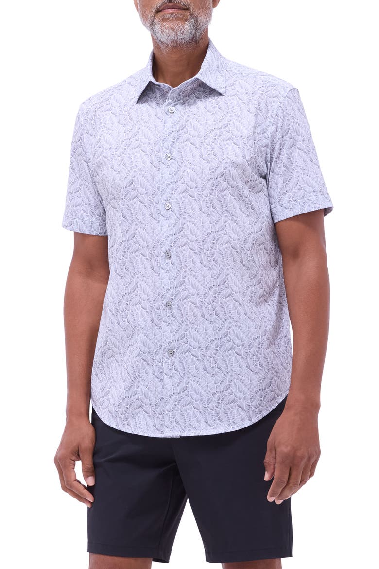 Miles OoohCotton® Leaf Print Short Sleeve Button-Up Shirt, Main, color, ZINC