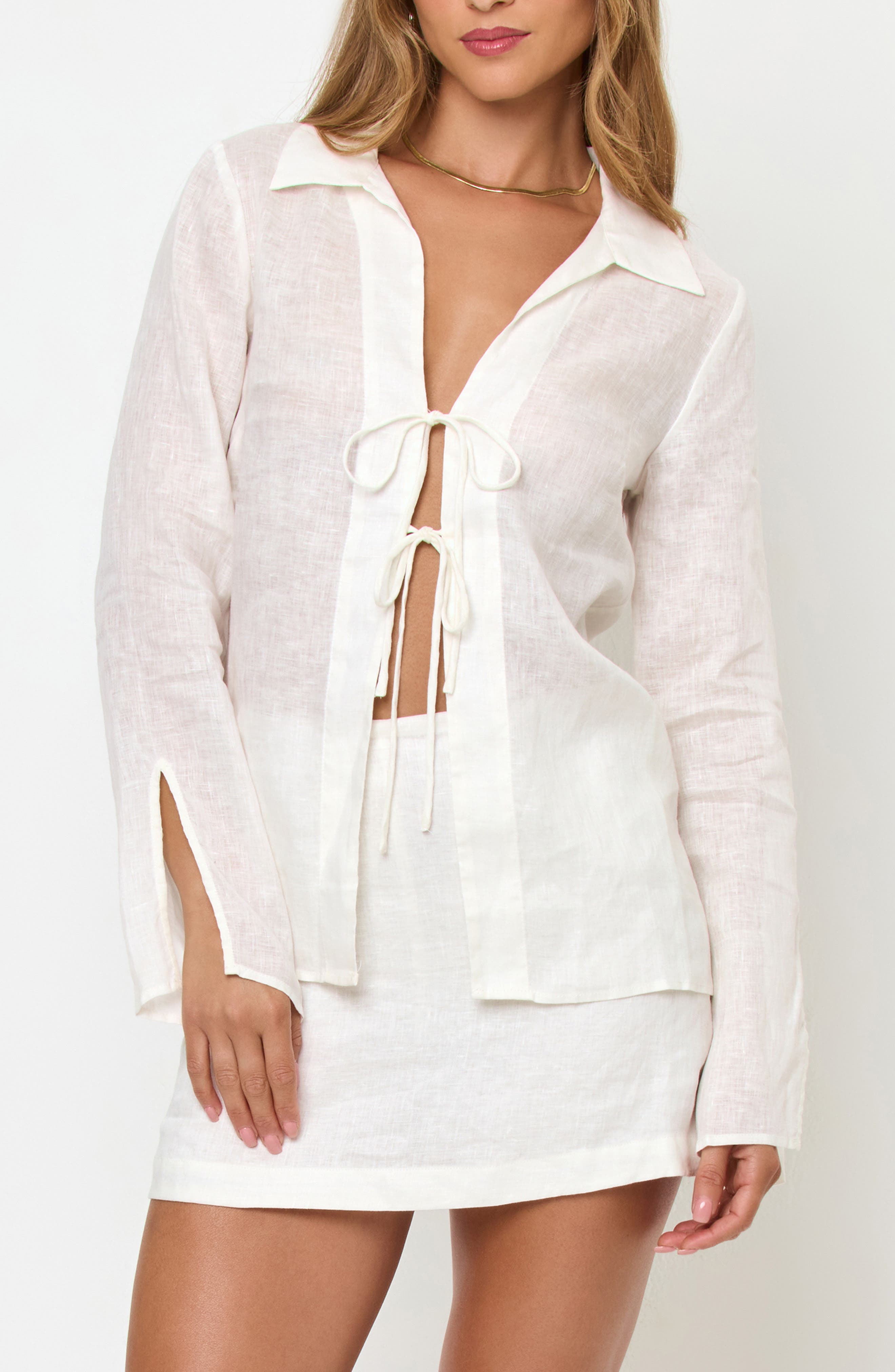 Venice Tie Front Linen Cover-Up Shirt