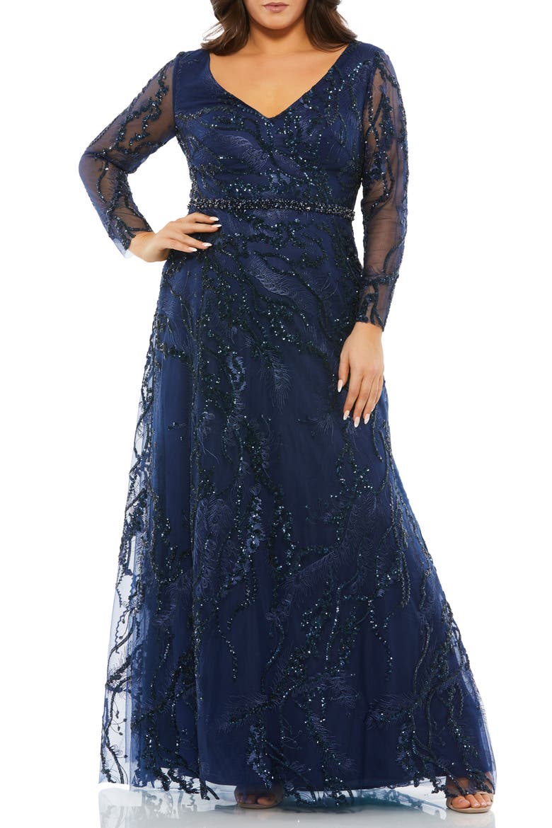 Illusion Long Sleeve Gown, Main, color, MIDNIGHT
