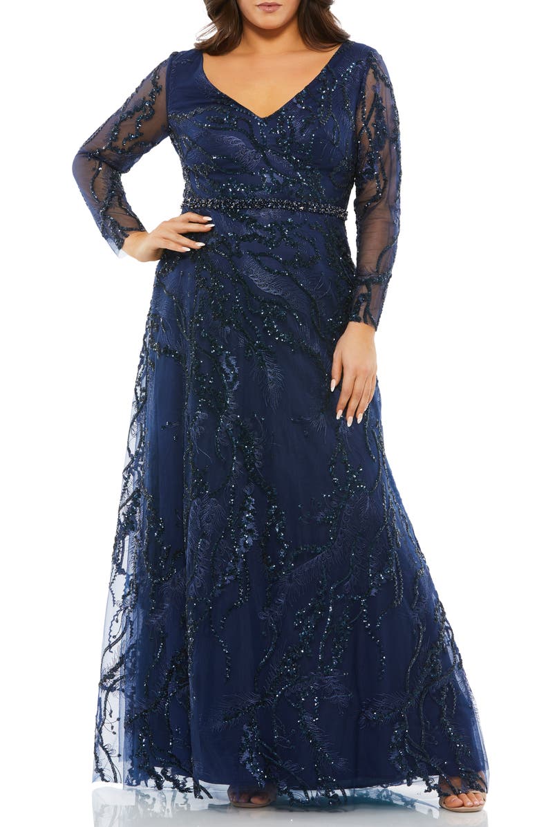 Mac Duggal Illusion Long Sleeve Gown, Main, color,