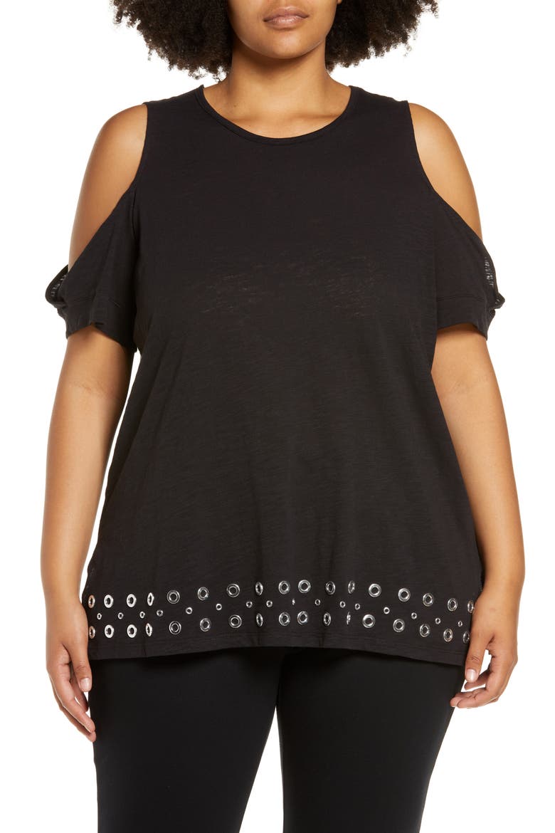 Grommet Cold Shoulder Tunic Top, Main, color, BLACK