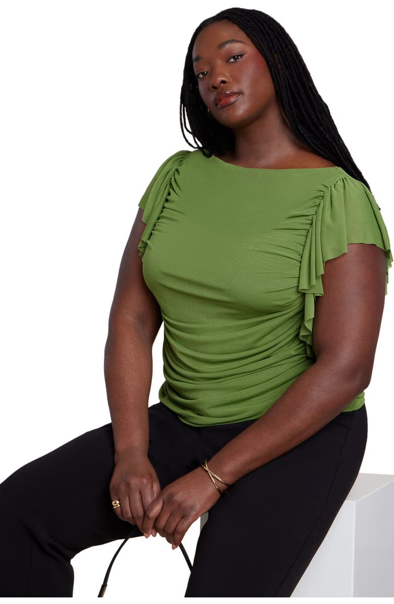 ELOQUII Shirred Mesh Top With Shoulder Flounces, Main, color, Oasis