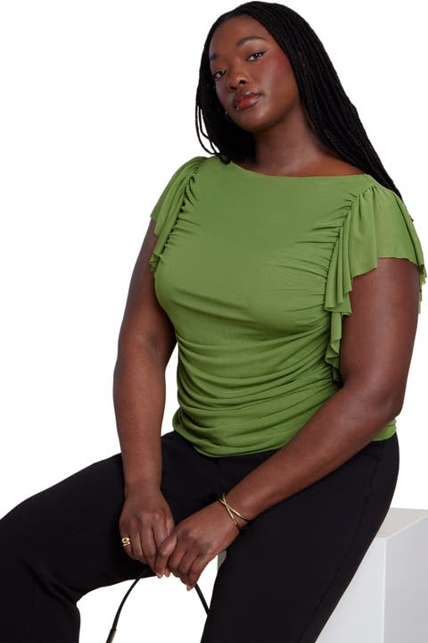 Shirred Mesh Top With Shoulder Flounces (Plus)