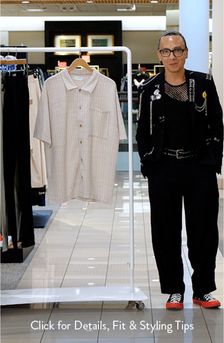 Oversize Textured Stripe Short Sleeve Knit Cotton Button-Up Shirt, sales video thumbnail