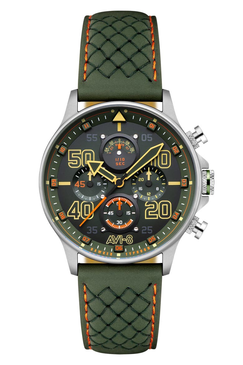 Hawker Typhoon Coningham Harding Chronograph Leather Strap Watch, 42mm, Main, color, GREEN
