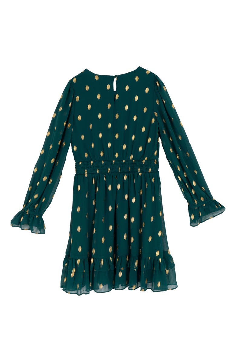 Rare Editions Kids' Foil Dot Long Sleeve Chiffon Dress, Alternate, color, Hunter