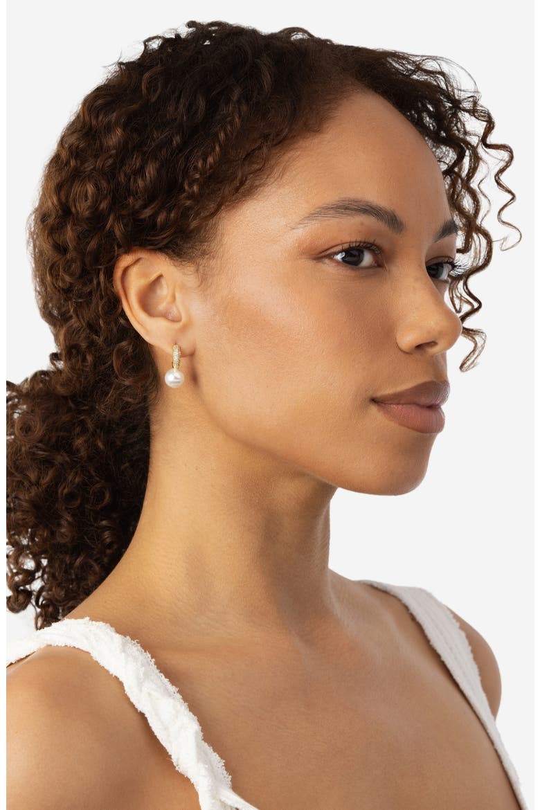 Faux Pearl Pave Cubic Zirconia Huggie Hoop Earrings, Alternate, color, GOLD/ WHITE