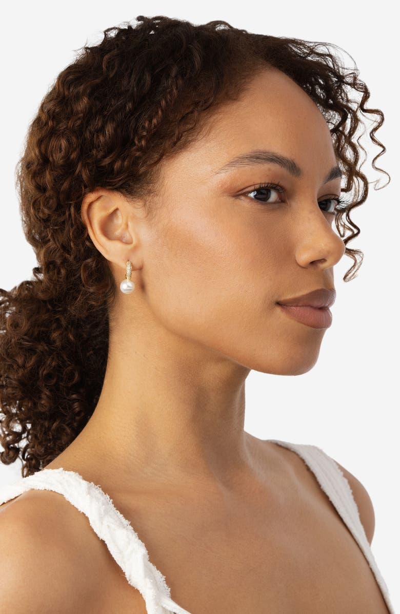 ATHRA LUXE Faux Pearl Pave Cubic Zirconia Huggie Hoop Earrings, Alternate, color, Gold/ White