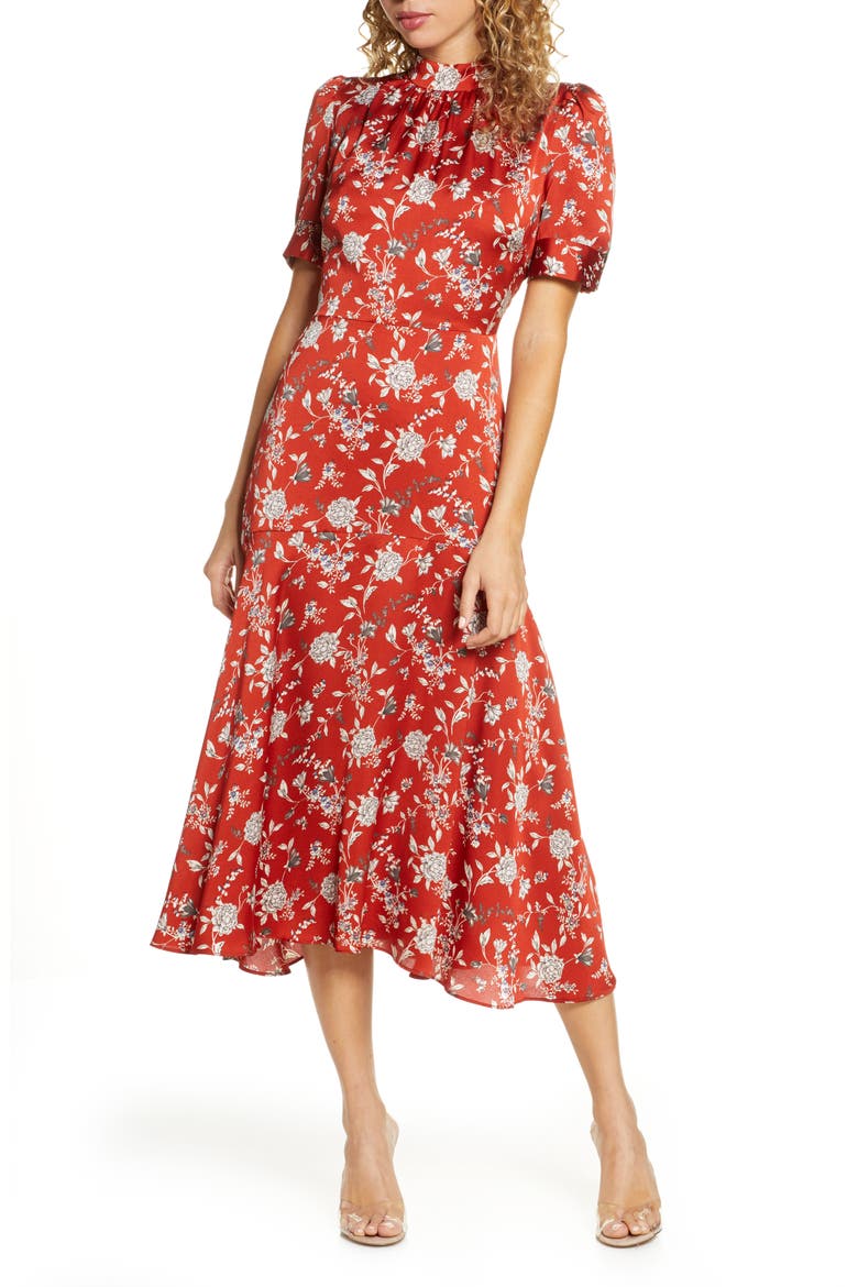 Floral Satin Midi Dress, Main, color, ORANGE FLORAL