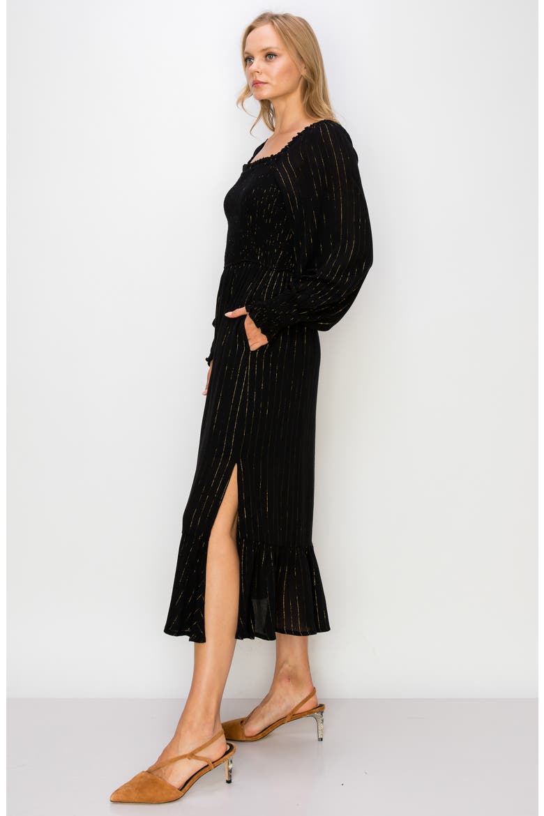 Metallic Stripe Smocked Long Sleeve Midi Dress, Alternate, color, BLACK/ GOLD