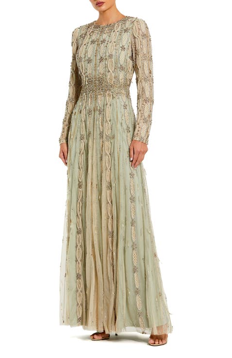 Embellished Mesh Long Sleeve A Line Gown