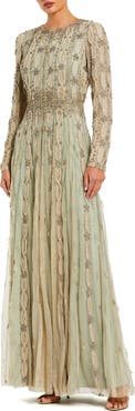 Mac Duggal Embellished Mesh Long Sleeve A Line Gown