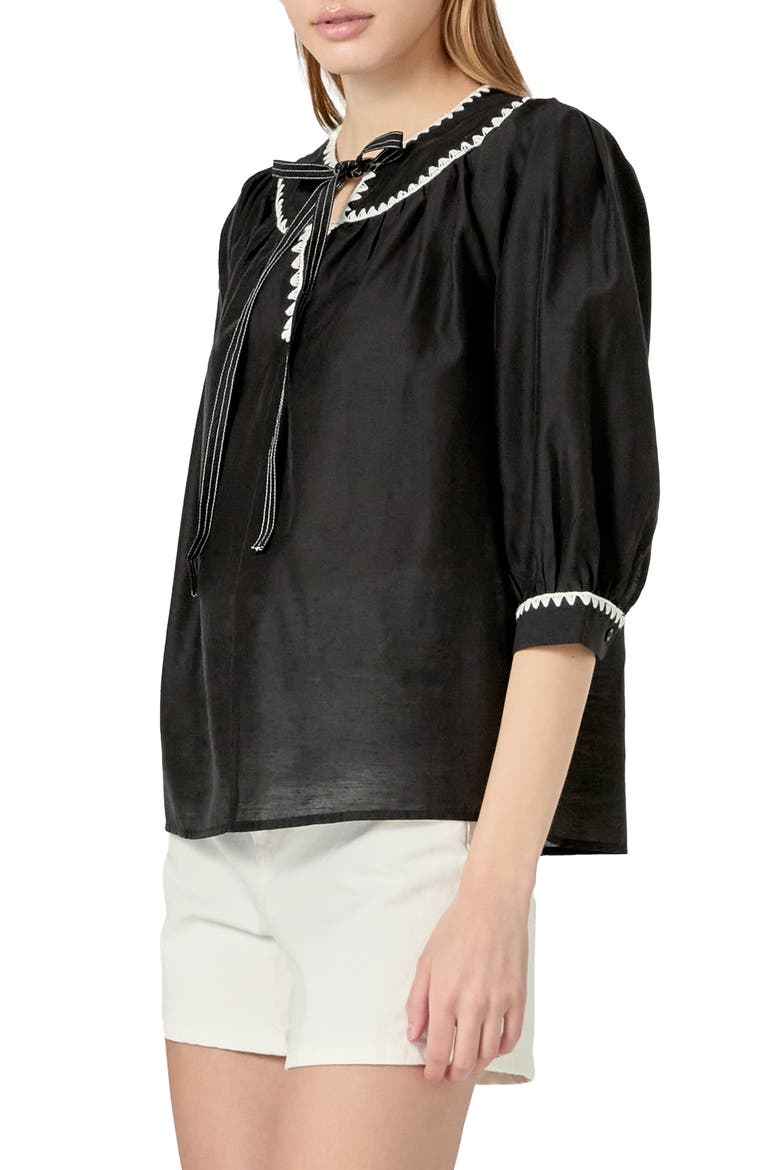 Embroidered Tie Neck Top, Alternate, color, BLACK/ WHITE