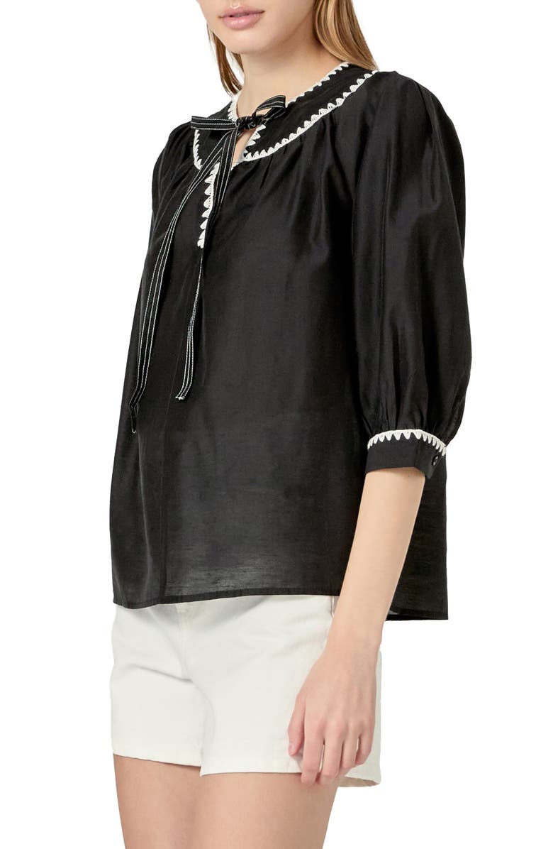 English Factory Embroidered Tie Neck Top, Alternate, color, Black/ White